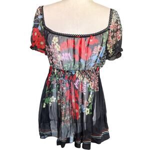 Anthropologie Fei Women's Silk Top Black Floral Sheer M Whimsigoth Fairygoth